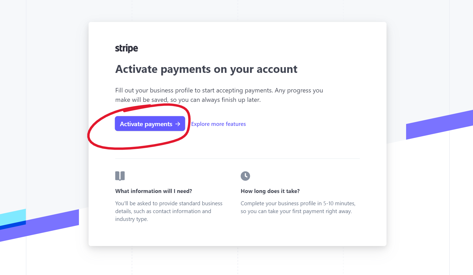 Stripe Activate Payments button, circled.png