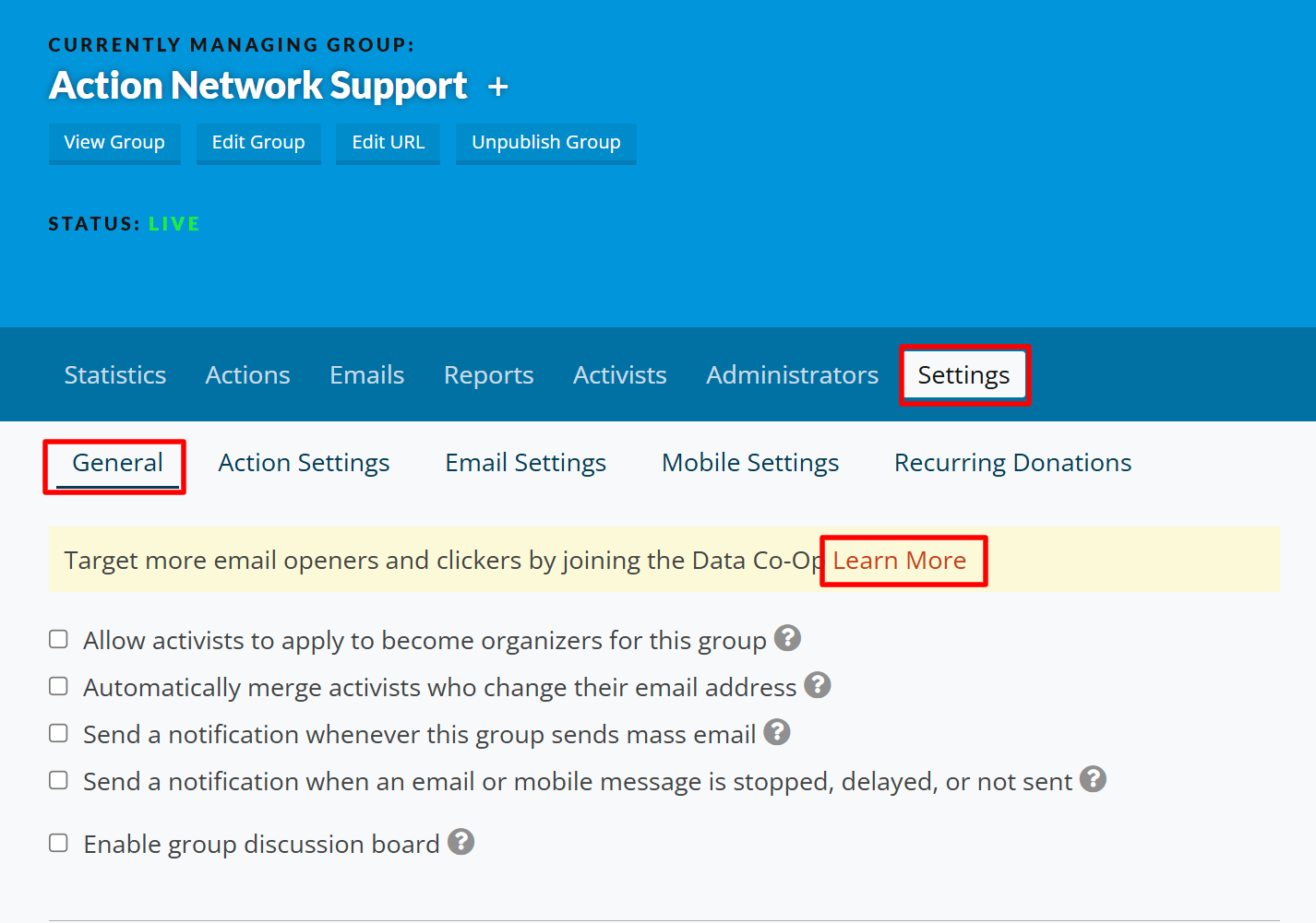 Screenshot of the Manage Group page. Red boxes highlight the locations of Settings tab (far right), General sub-tab (far left), and Learn More link (top of the General Settings section)
