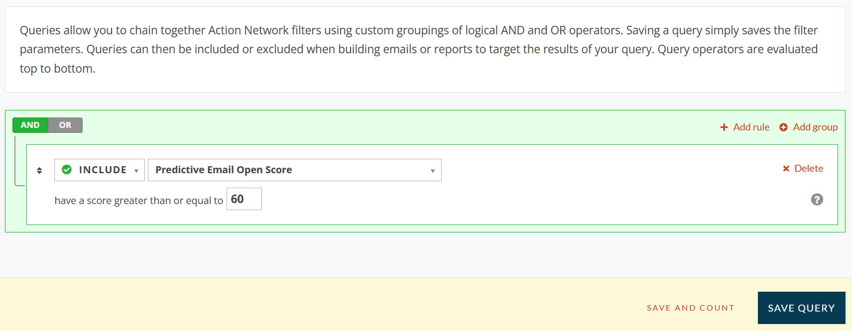 Screenshot of query builder page, include parameter on predictive email open score with a score greater than or equal to [number]