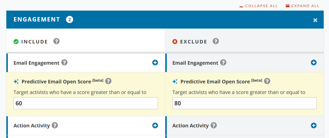 Screenshot of engagement section of email targeting page. Predictive Email Open Score is expanded, with numbers typed in a box with the label "Target activists who have a score greater than or equal to"