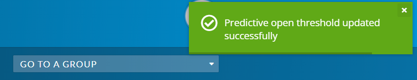 Screenshot of Preview Email page with green pop-up confirmation message in top right corner: "Predictive open threshold updated successfully"