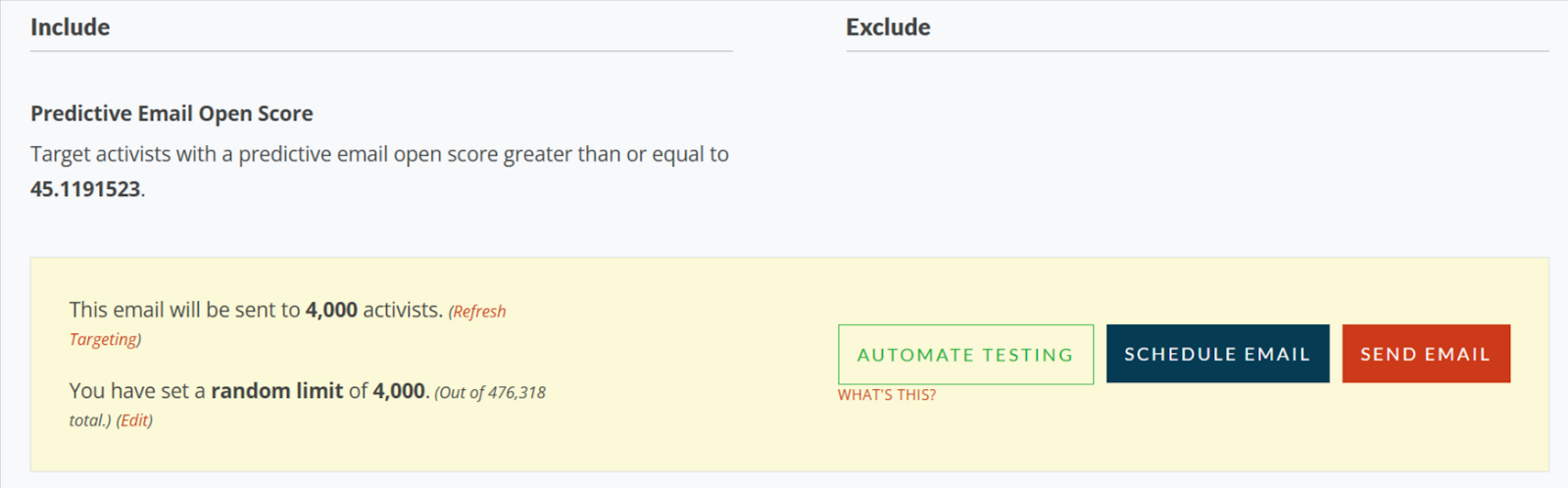 Screenshot of targeting section on Preview Email page, with saved targeting set to Include on Predictive Email Open Score to "Target activists with a predictive email open score greater than or equal to 45.1"