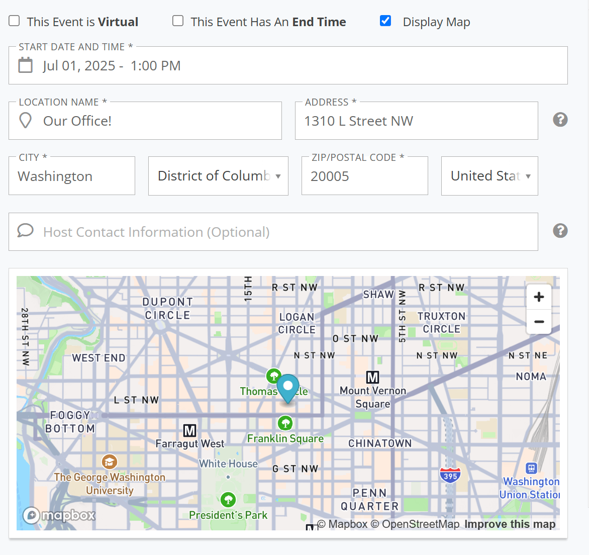 Screenshot of the Edit Event page. There are fields for Event details and a map below with a pin showing the location of the Event. 