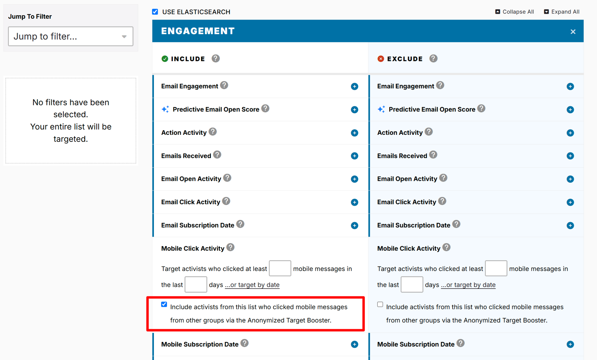 Screenshot of Engagement section of targeting page. In the Include column, Mobile Click Activity is expanded, with a check box marked next to 'Include activists from this list who clicked mobile messages from other groups via the Anonymized Target Booster.' The section is outlined in a box.