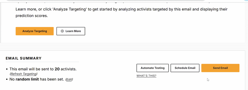 Animated gif of Action Network 'Preview and Send' page. Mouse clicks Send Email button. Message appears "Your email will be sent immediately" with check box "Seed list test with Inbox Monster, part of Boost." Mouse checks box, then clicks Confirm & Send button. Sending message loads. 